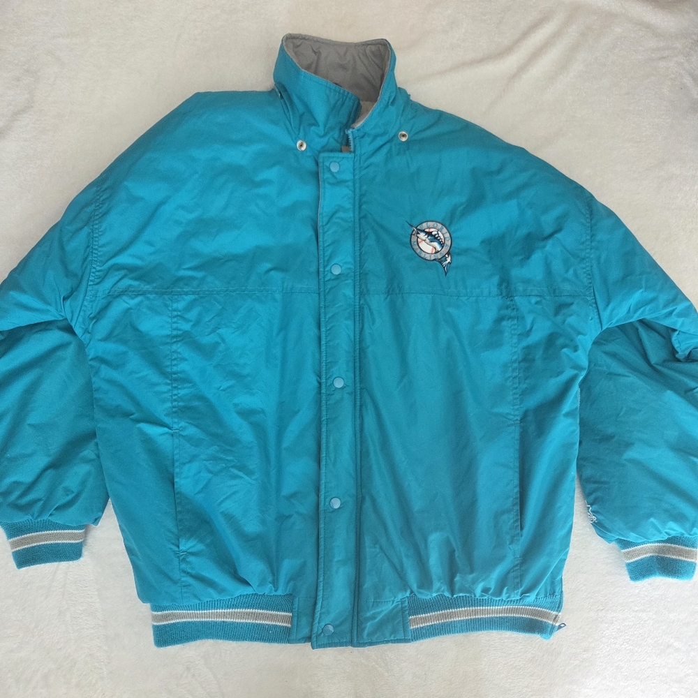Vintage Florida Marlins MLB‎ Baseball Starter Puffer Jacket Sz XL Zip Snap READ